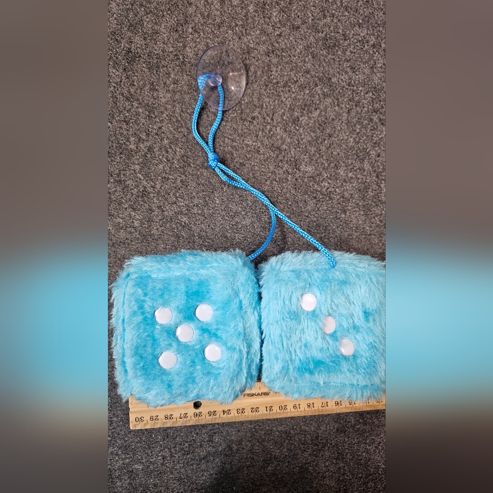 Fluffy Blue Dice Car Mirror Hanging Accessory - Picture 4 of 4